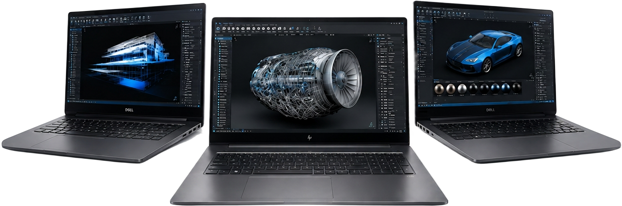 Lineup of premium enterprise mobile workstation laptops running CAD and 3D rendering software, Enterprise-Grade Certified by BlueMonk Tech